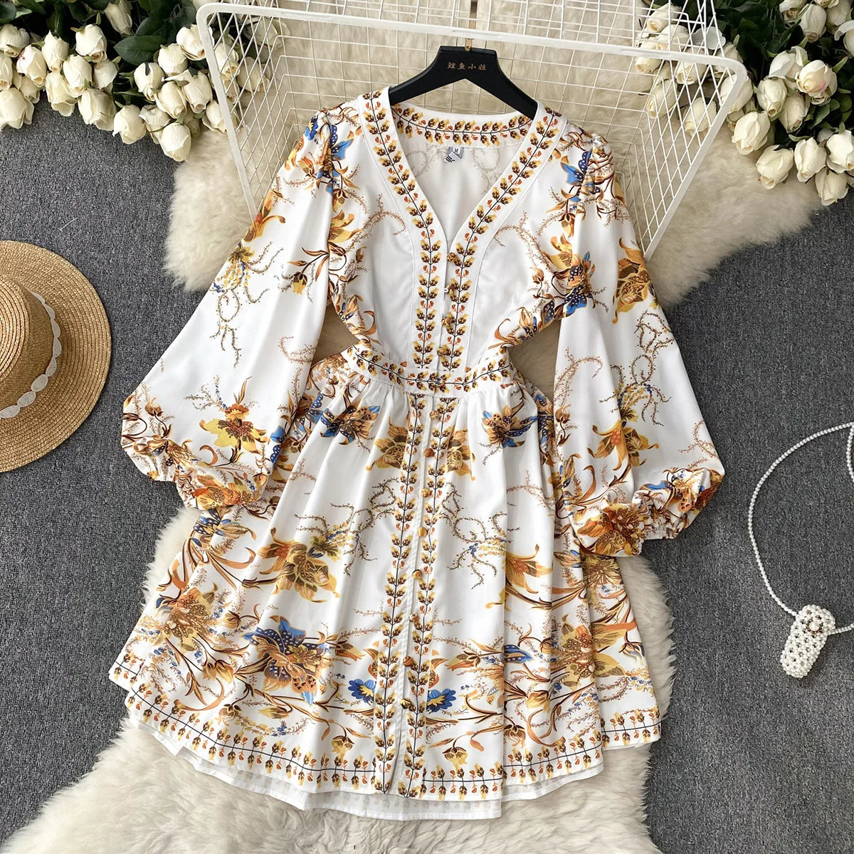 New In Dresses 2023 Fashion Women Clothing Party Elegant Vintage Print Dress Front Button Up V Neck Long Puff Sleeve Mini Dress