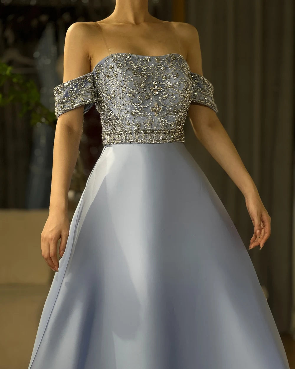 Serene Hill 2024 Saudi Arabic Elegant Blue Off-the-Shoulder A-Line Beaded Long Evening Gown for Formal Occasion LA72753