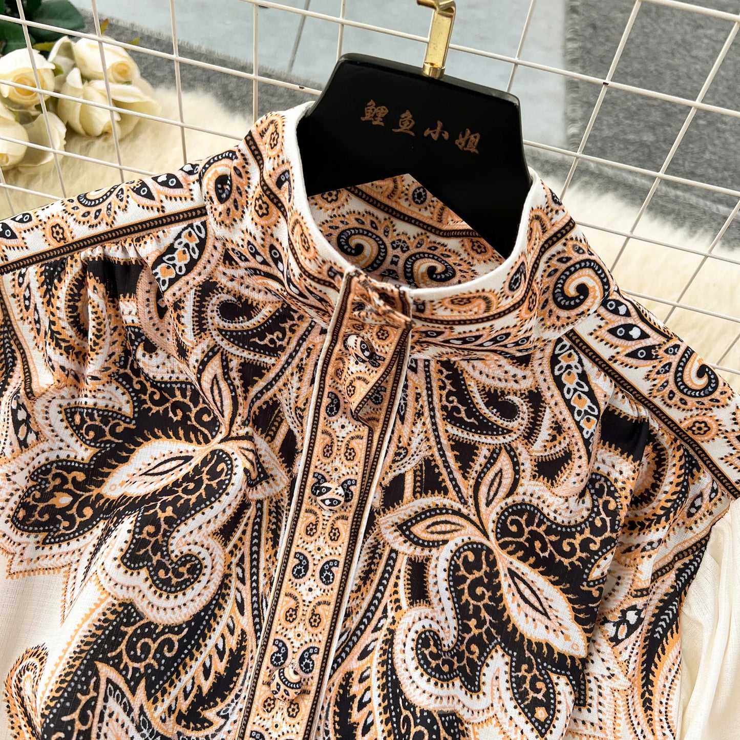 Vintage Print Elegant Half High Collar Lantern Long Sleeve  Dress A-line Casual Women Fashion Autumn Spring Vestidos