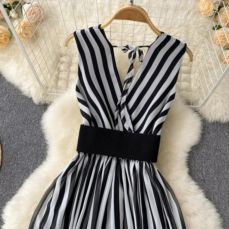 Women Chiffon Striped Jumpsuits Summer Sexy V-neck Sleeveless Elegant Wide-leg Long Pants Playsuits Ladies Dot Romper Overall