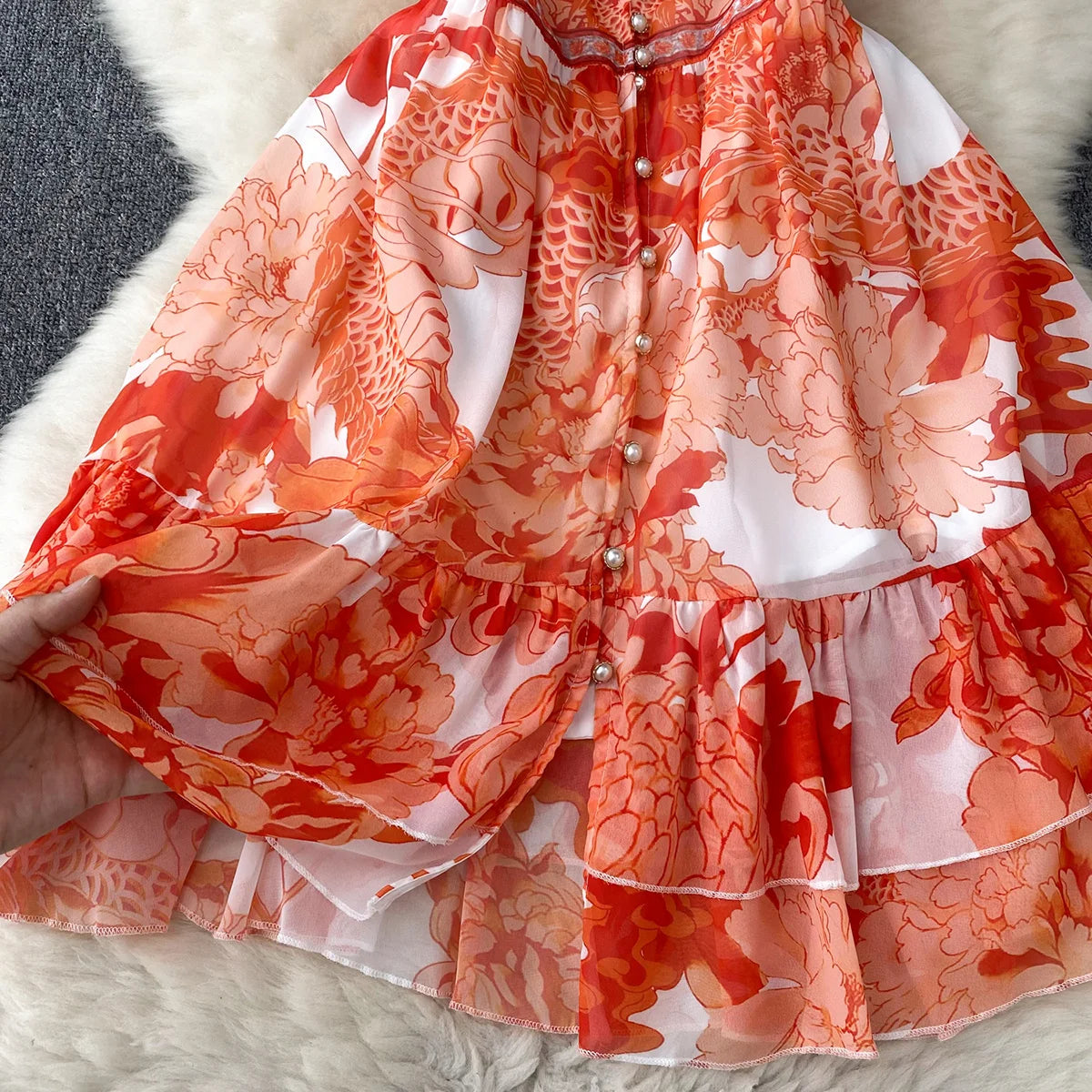 Short Dresses Women Cap Sleeve Vintage Print Chiffon Dress Faux Pearl Buttoned V Neck Ruffle Hem Wedding Elegant Party Dress