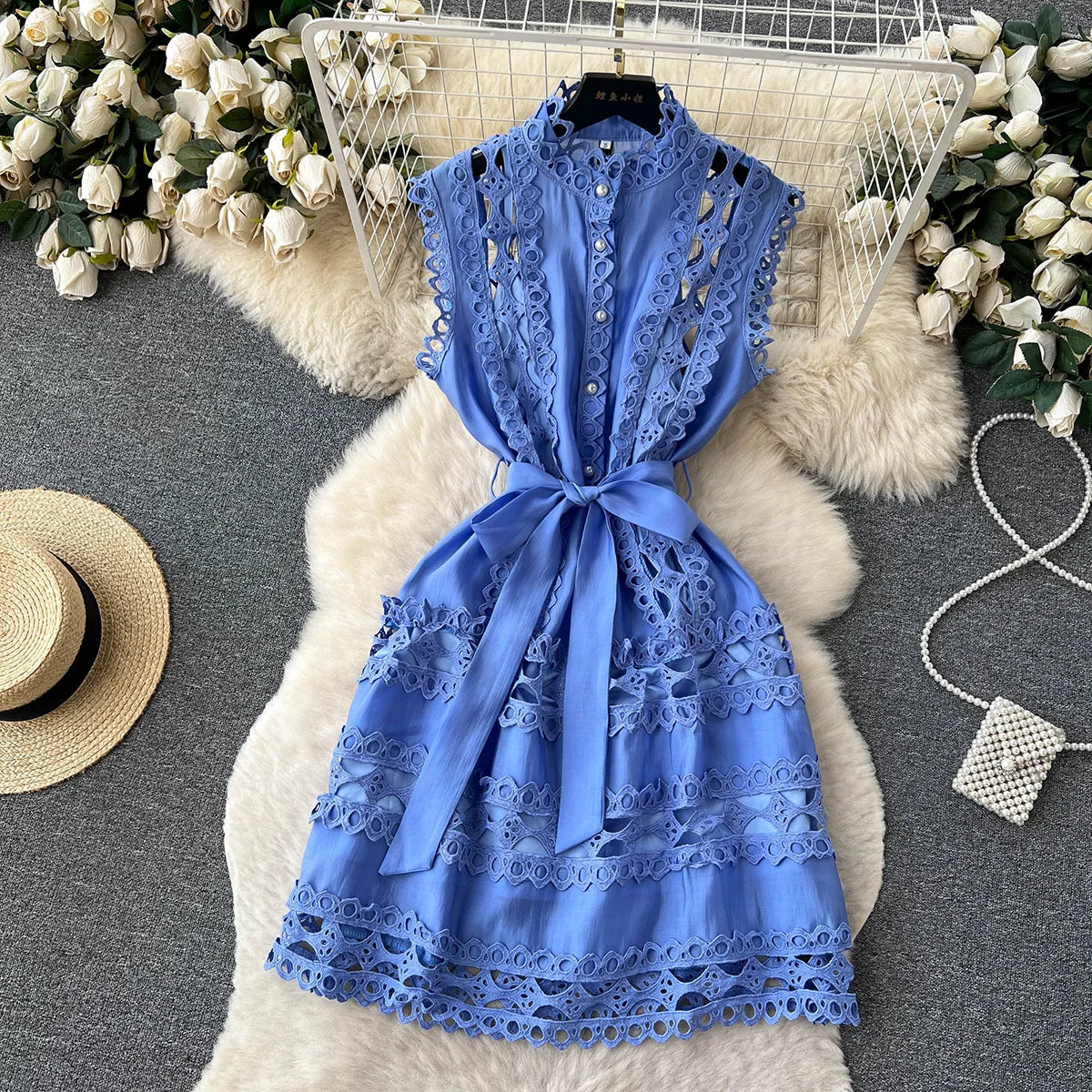 Summer Clothes Dresses For Women 2023 Elegant Vintage Embroidery Lace Dress Sleeveless Stand Neck Button Up Mini Dress With Belt