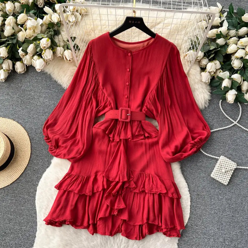 Vintage Puff Sleeve Ruffle Dress Women O-Neck A-Line Elegant Casual Party Prom Dresses Korean Autumn Fashion Female Vestidos New
