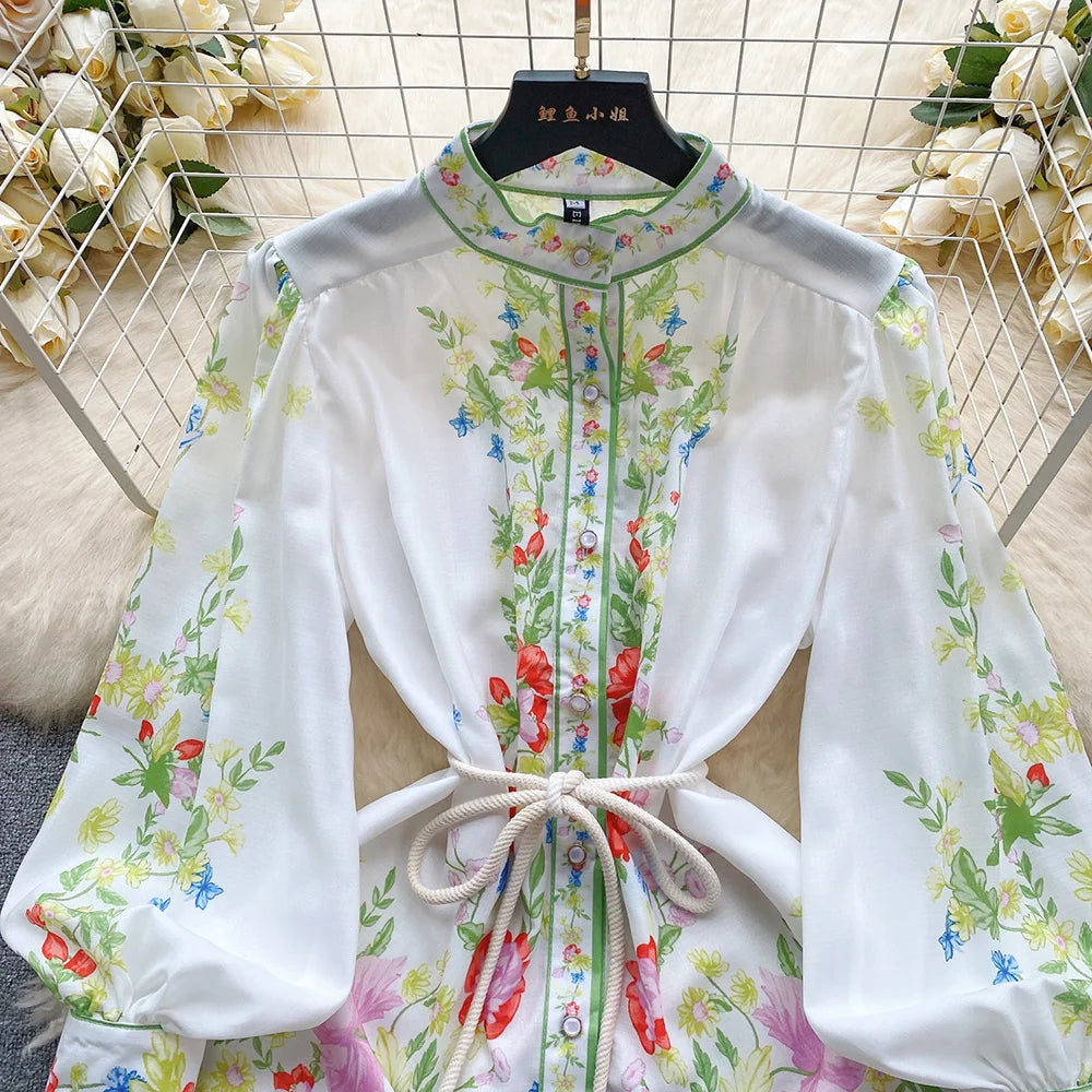 Clothes For Women Dresses 2024 Spring Ruffle Hem Vintage Floral Print Dress Stand Neck Long Sleeve Holiday Mini Dress With Belt