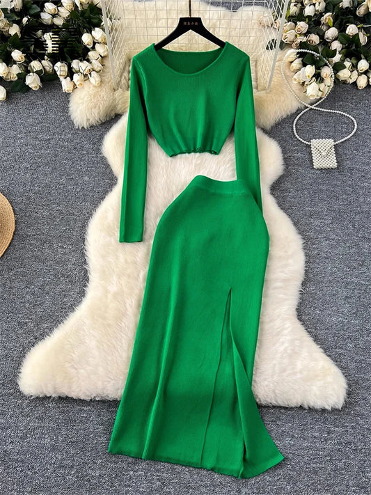 SINGREINY 2024 Autumn Skinny Knitted Sets Short Tops+Slim Long Split Skirt Women Korean Style Sweater Fashion Two Pieces Suits