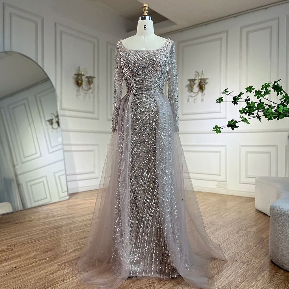 SERENE HILL 2024 Arabic Dubai Silver Gray Beaded Mermaid Evening Dresses Long Sleeves Gown With Skirt For Women Party GLA71618L