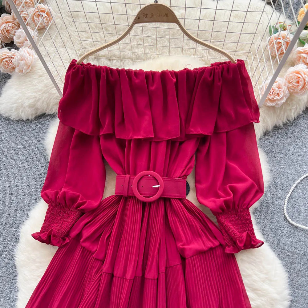 Vintage Pleated Slash Neck Off Shoulder High Waist  Dress Long Sleeve  Dress Chic Summer Beach Vestidos Women Vacation Sundress