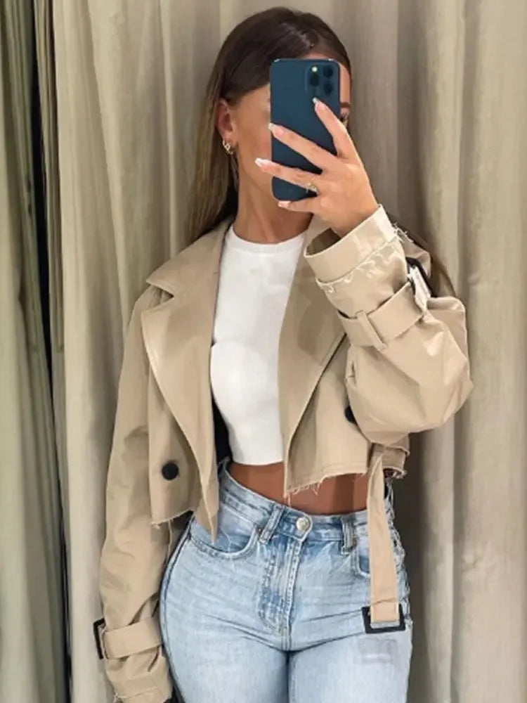 Fashion Belt Cropped Trench Spring Jacket Women Vintage Streetwear Double Breasted Long Sleeve Top Female Coat Outfits