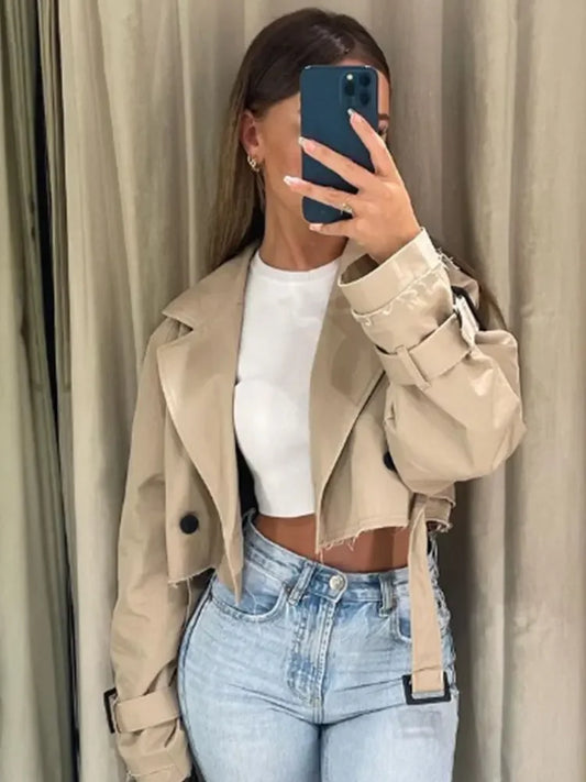 Fashion Belt Cropped Trench Spring Jacket Women Vintage Streetwear Double Breasted Long Sleeve Top Female Coat Outfits