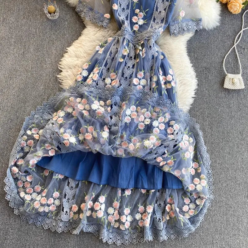 Elegant Mesh Embroidery Dress Women Korean Fashion Summer O Neck Short Sleeve Long Mesh Dress Party Vestidos