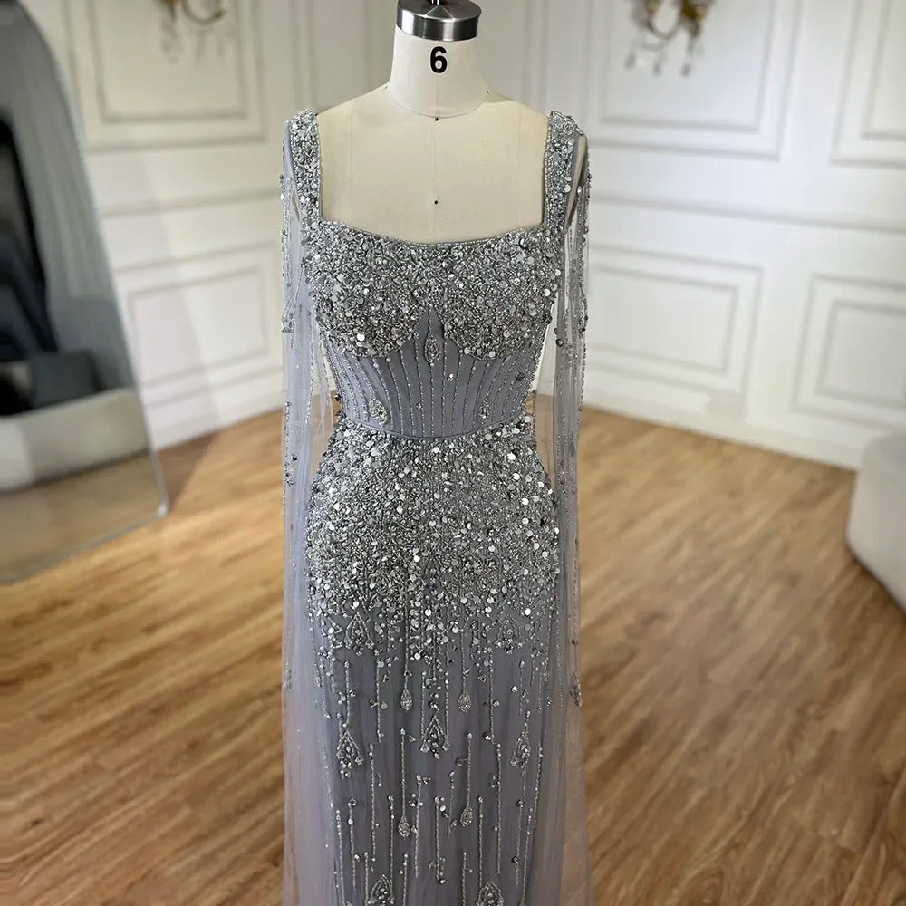 Serene Hill Arabic Gray Mermaid Beaded Luxury Dubai Long Evening Gown with Cape Sleeves Elegant for Women - Party 2024 BLA72592