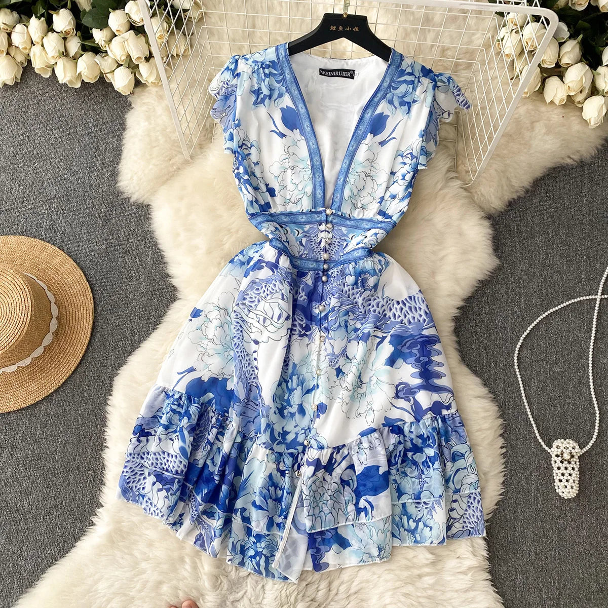 Short Dresses Women Cap Sleeve Vintage Print Chiffon Dress Faux Pearl Buttoned V Neck Ruffle Hem Wedding Elegant Party Dress