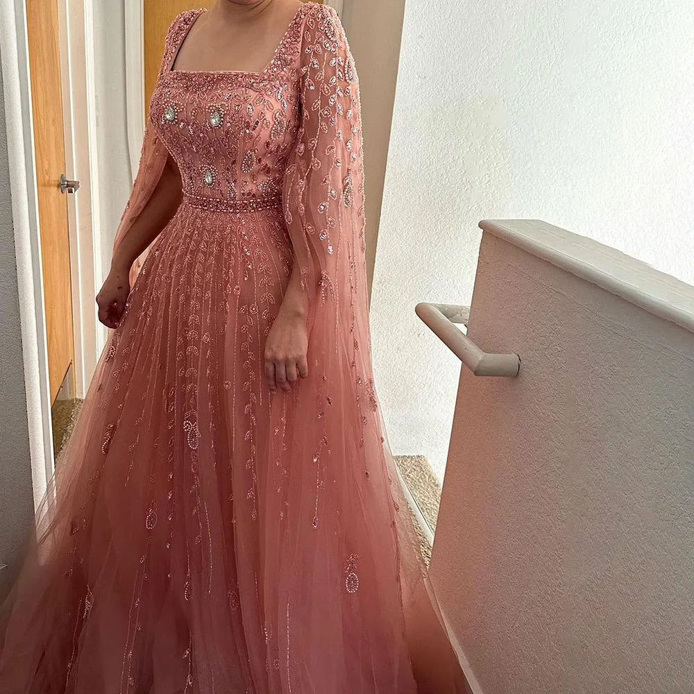 Serene Hill 2024 Muslim Pink A Line Beaded Elegant Cape Sleeve Luxury Evening Dresses Gowns For Women Wedding Party LA71803A
