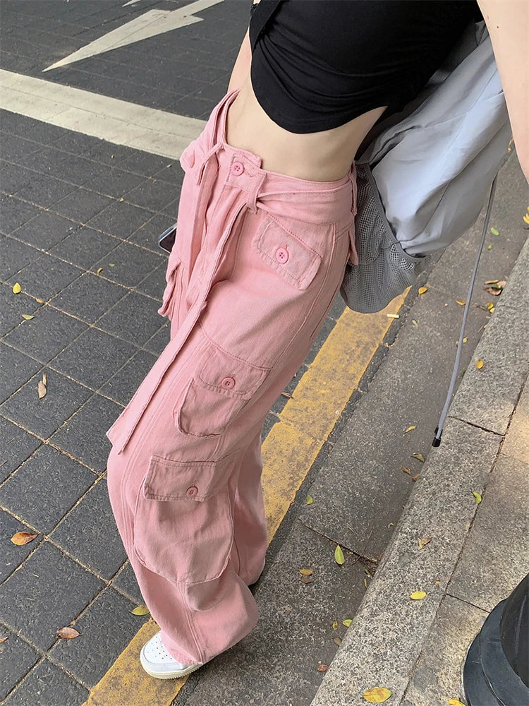 Women's High Waist Cargo Pants with Lace Belt Street Multi Pocket Straight Leg Casual Trousers Spring Autumn New Y2K Vintage