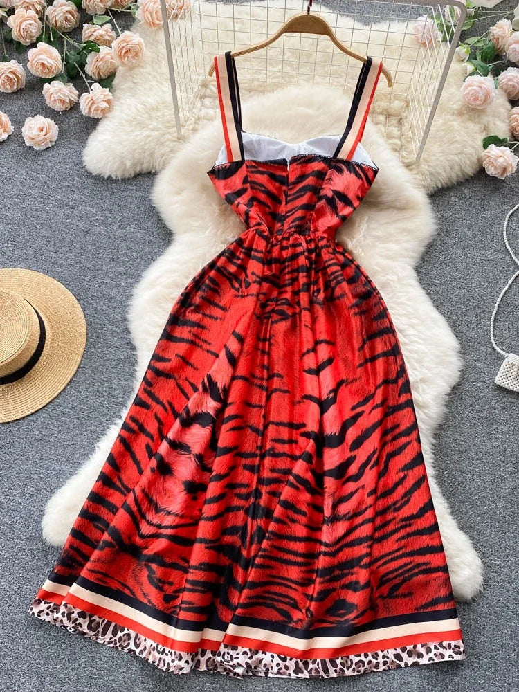 Women Vintage Party Dress Summer Leopard Print Three-dimensional Midi Dresses Ladies Elegant A Line High Waist Long Robe