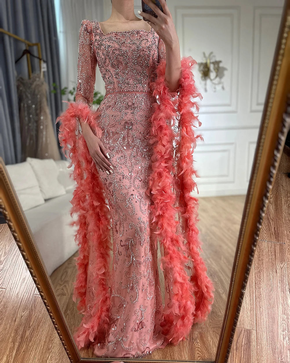 Serene Hill Flared Sleeves Mermaid Peach Beaded Feather Luxury Evening Dresses Gowns For Women's Party 2024 LA72767