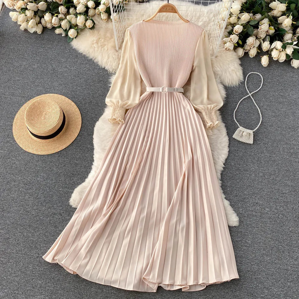 Chic Pleated Elegant Puff Sleeve Dress A-line Chiffon High Waist Belt Beach Vacation Party Dress Women Summer Spring Vestidos