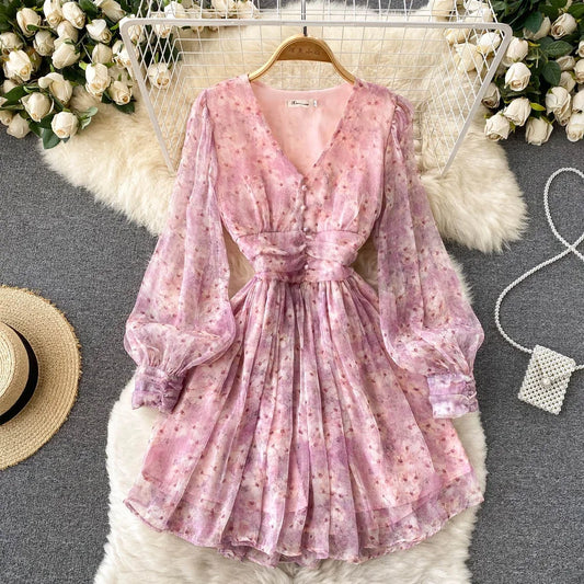 Vintage Floral Print Pleated Elegant Puff Sleeve Dress A-line Chiffon Beach Vacation casual Dress Women Summer Spring Vestidos