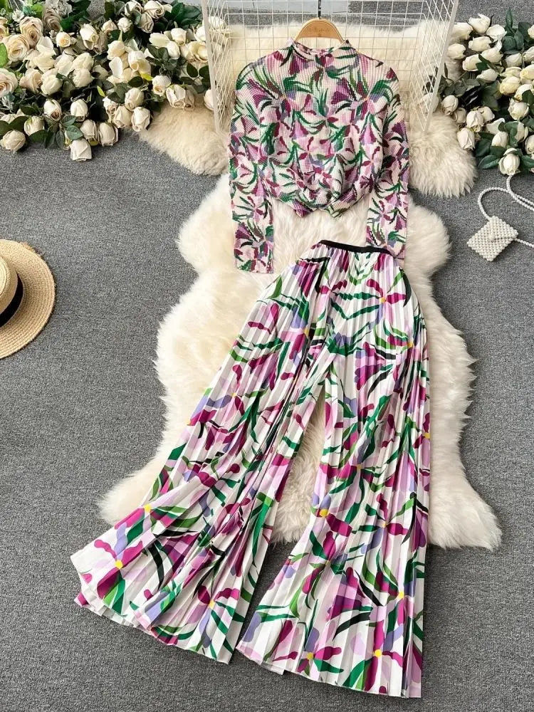 2024 Fashion Miyake Pleated Hot Two Piece Set Gradient Flower Printing High Neck Stretch Top And Wide Leg Pants Trouser Suits