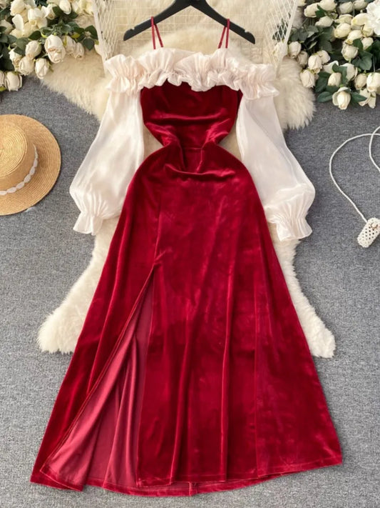 Sexy Bodycon Off Shoulder Party Dress Women Ruffles Velvet Patchwork Elegant Lady Fashion Prom Robe A-Line Vestidos Mujers New