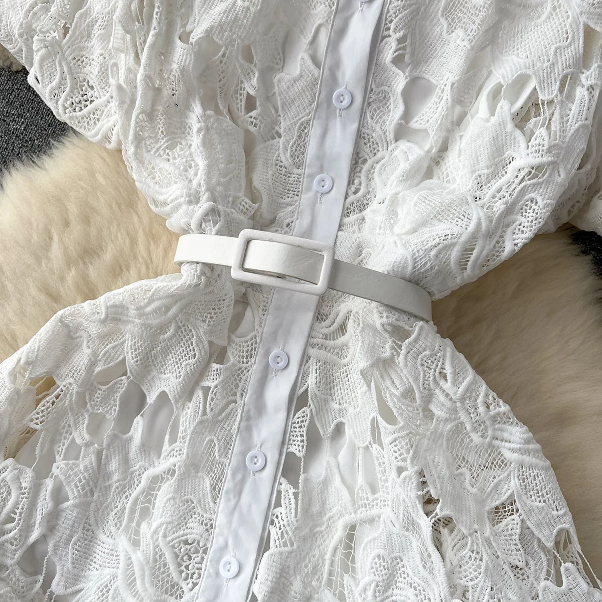 Summer Dresses For Women 2023 Luxury Party Elegant Openwork Embroidery Lace Dress Short Puff Sleeve White Mini Dress With Belt