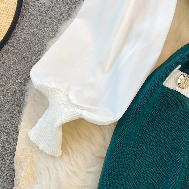 Vintage Elegant Patchwork Square Neck Long Sleeve Knit Dress Casual Women Fashion High Waist Summer Spring Hip Wrap Dress