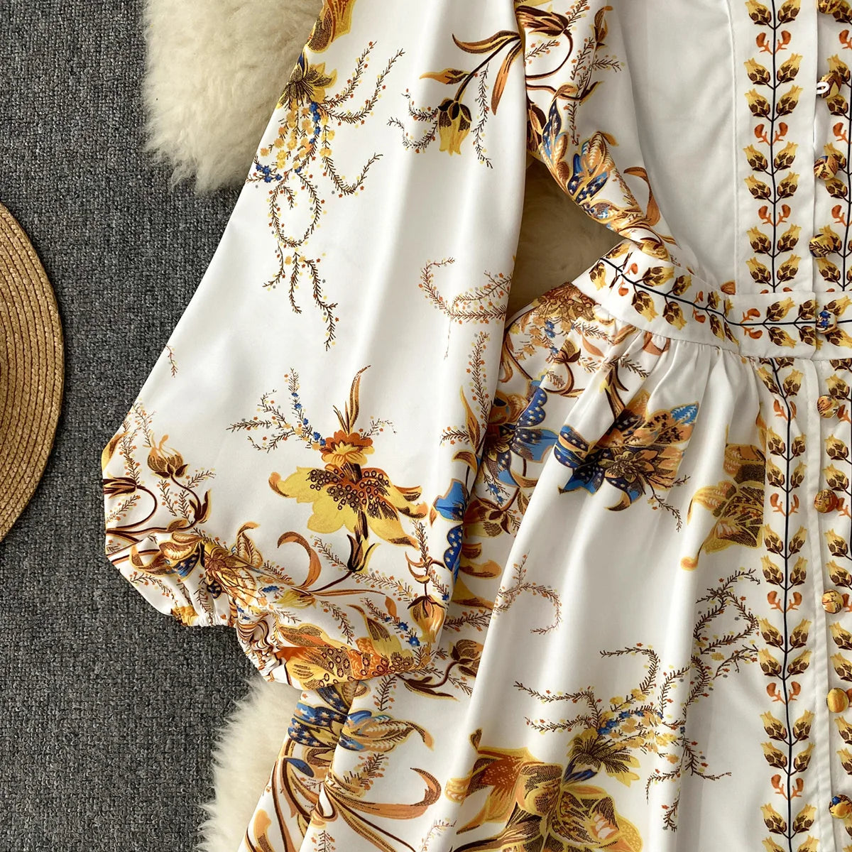 New In Dresses 2023 Fashion Women Clothing Party Elegant Vintage Print Dress Front Button Up V Neck Long Puff Sleeve Mini Dress