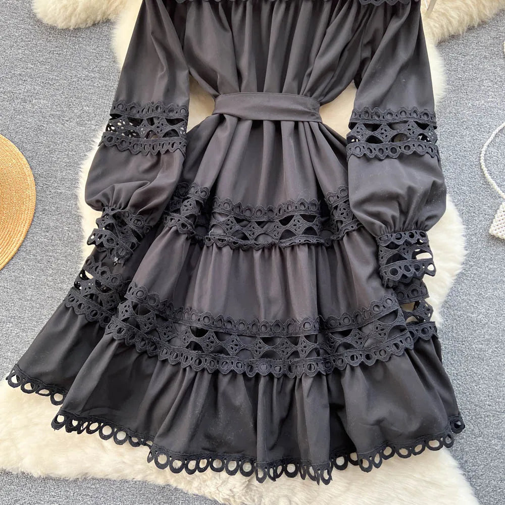 2023 Spring Summer Holiday Dress Women Stand Collar Long Sleeve Button Up Embroidery Trim Luxury Elegant Mini Dress With Belt