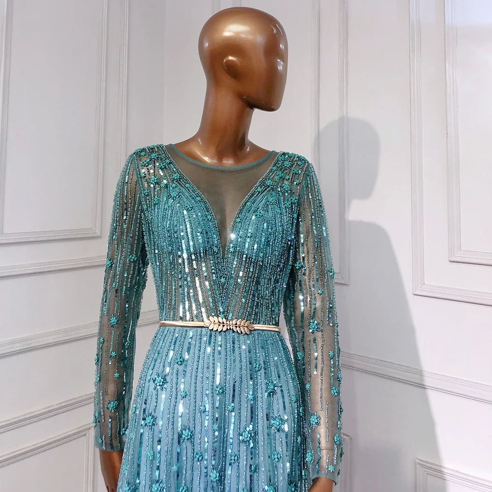 Serene Hill Muslim Gold A-Line Luxury Evening Dresses Gowns 2022 Sparkle Beaded Long Sleeves Sexy For Women Party GLA70674
