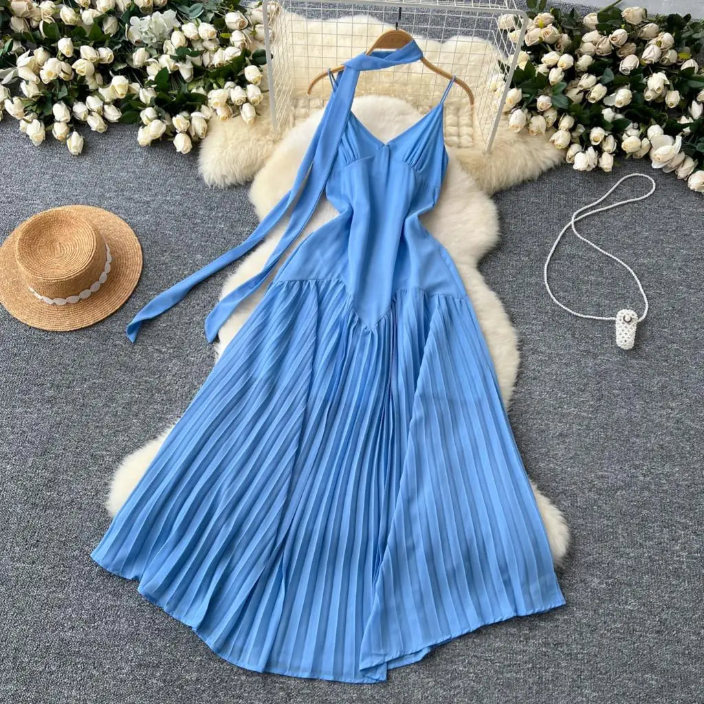 Summer Elegant Casual Women Solid Dress Halter A-Line Beach Holiday Party Long Robe Female Spaghetti Strap Boho Clothes Vestidos