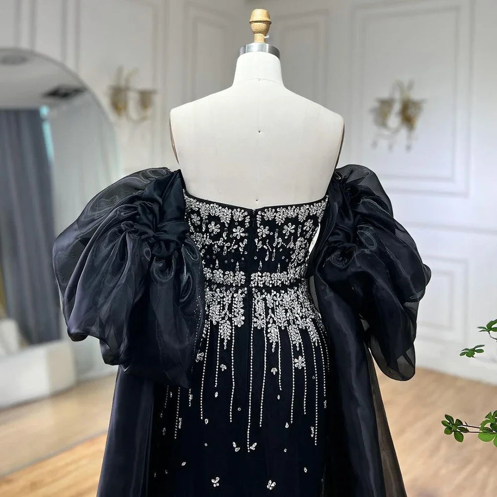 Serene Hill Black Sexy Off the Shoulder Puff Sleeves Evening Dresses Beaded Overskirt Mermaid Party Gown For Women 2023 BLA72002