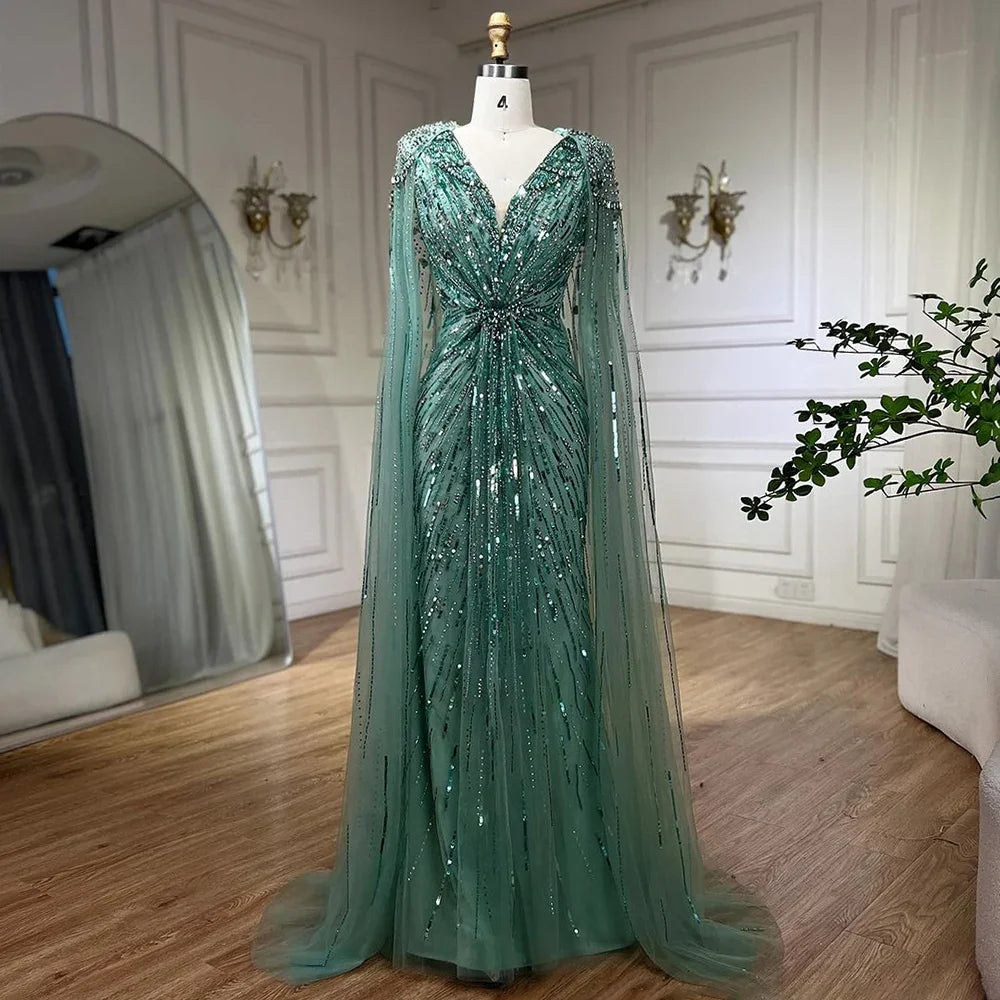 Serene Hill Turquoise Mermaid Evening Dresses Gowns 2024 with Beaded Cape Sleeves Design for Women's Wedding Party BLA72168A