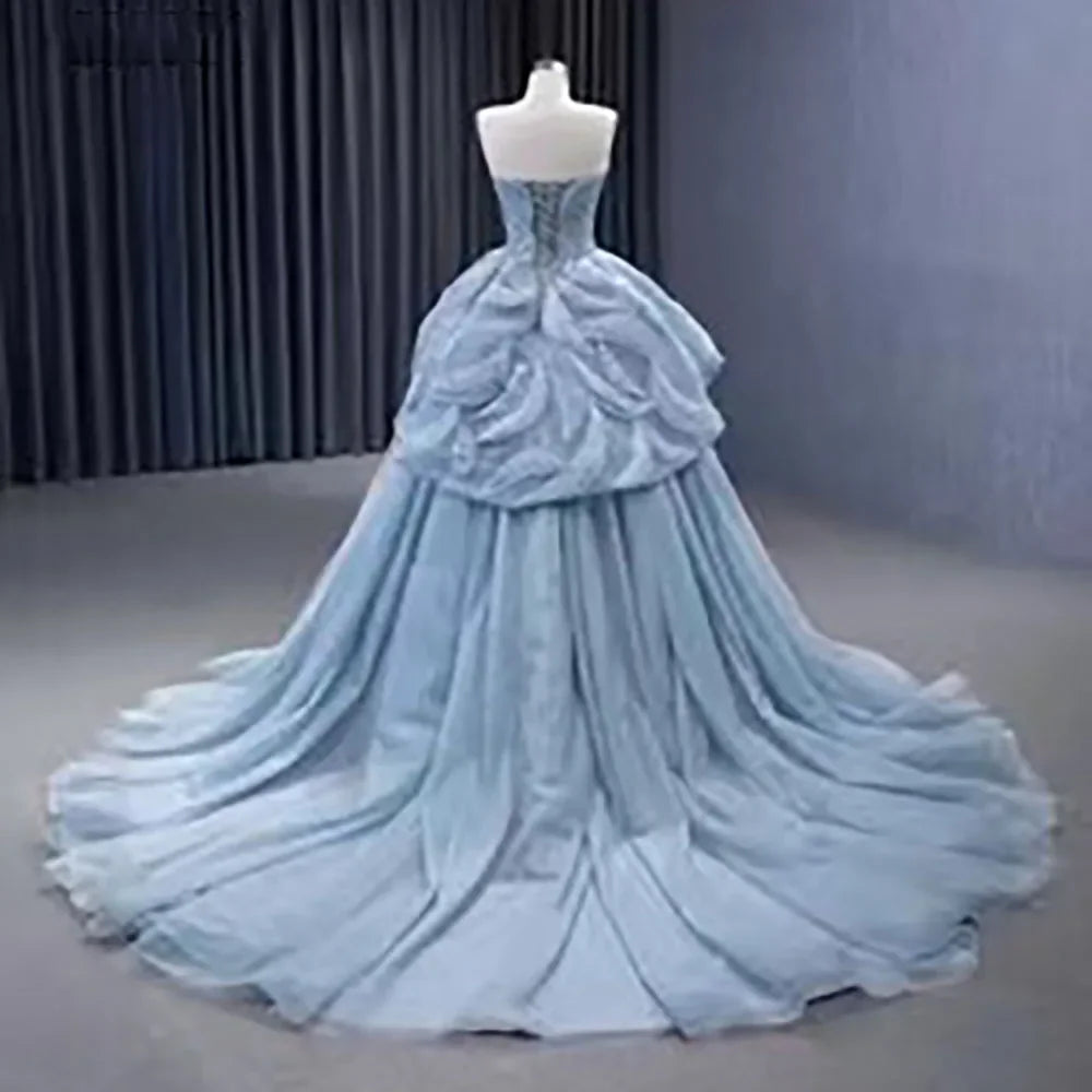 Serene Hill High End Custom Made Gray Blue Strapless Lace Up Beaded Luxury Ball Gown Bride Gowns Wedding Dress HM231064