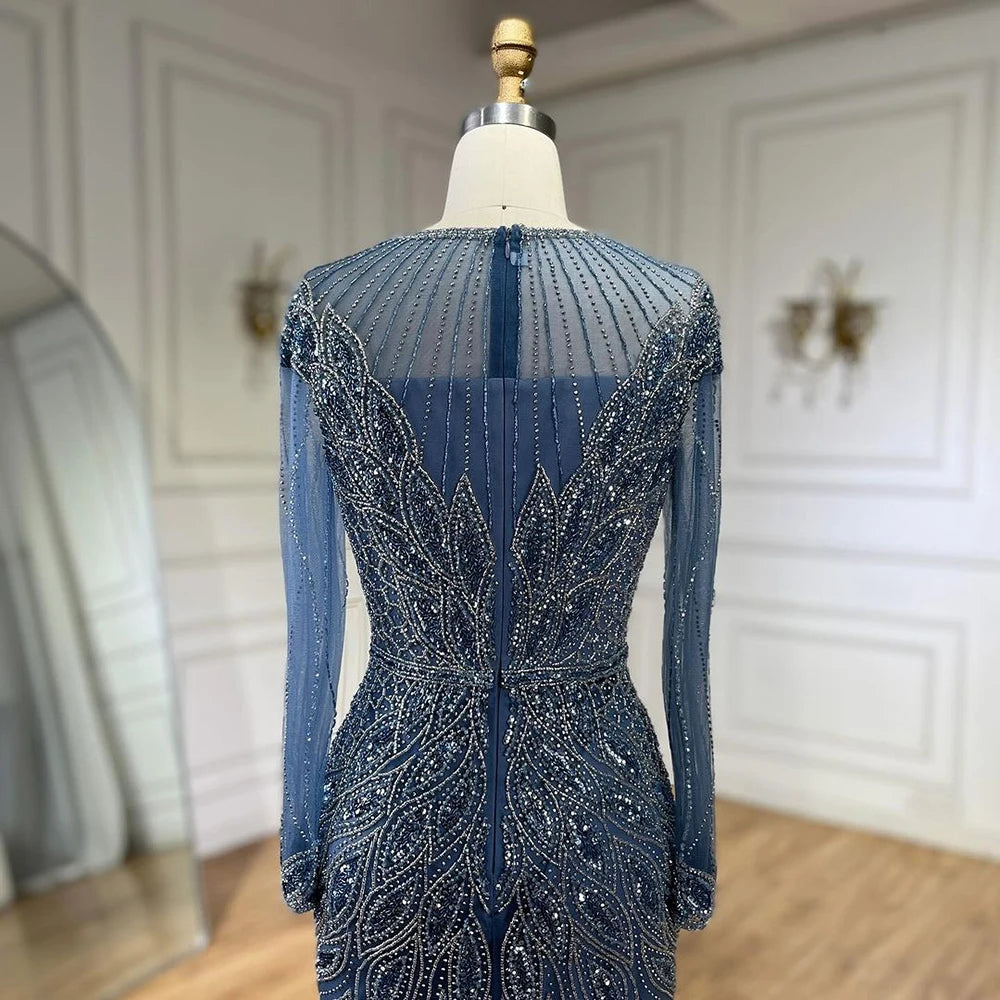 Serene Hill Muslim Blue Mermaid Luxury Beaded Dubai Long Evening Dresses Gowns for Women Wedding Party 2024 LA71999L