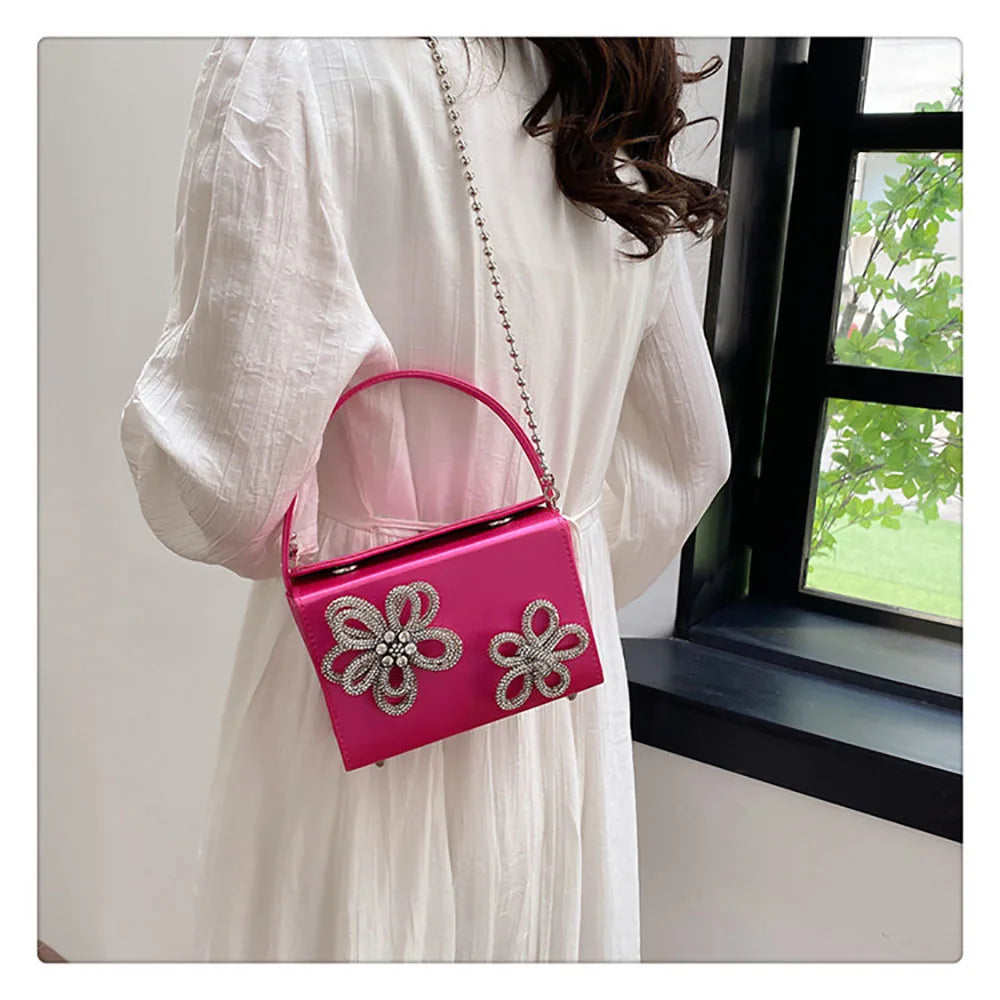 Light Luxury High-Grade Women Chain Crossbody Bag Korean Design Sense Diamond Flower New Pop Handbag Fashion Box Mini Square Bag