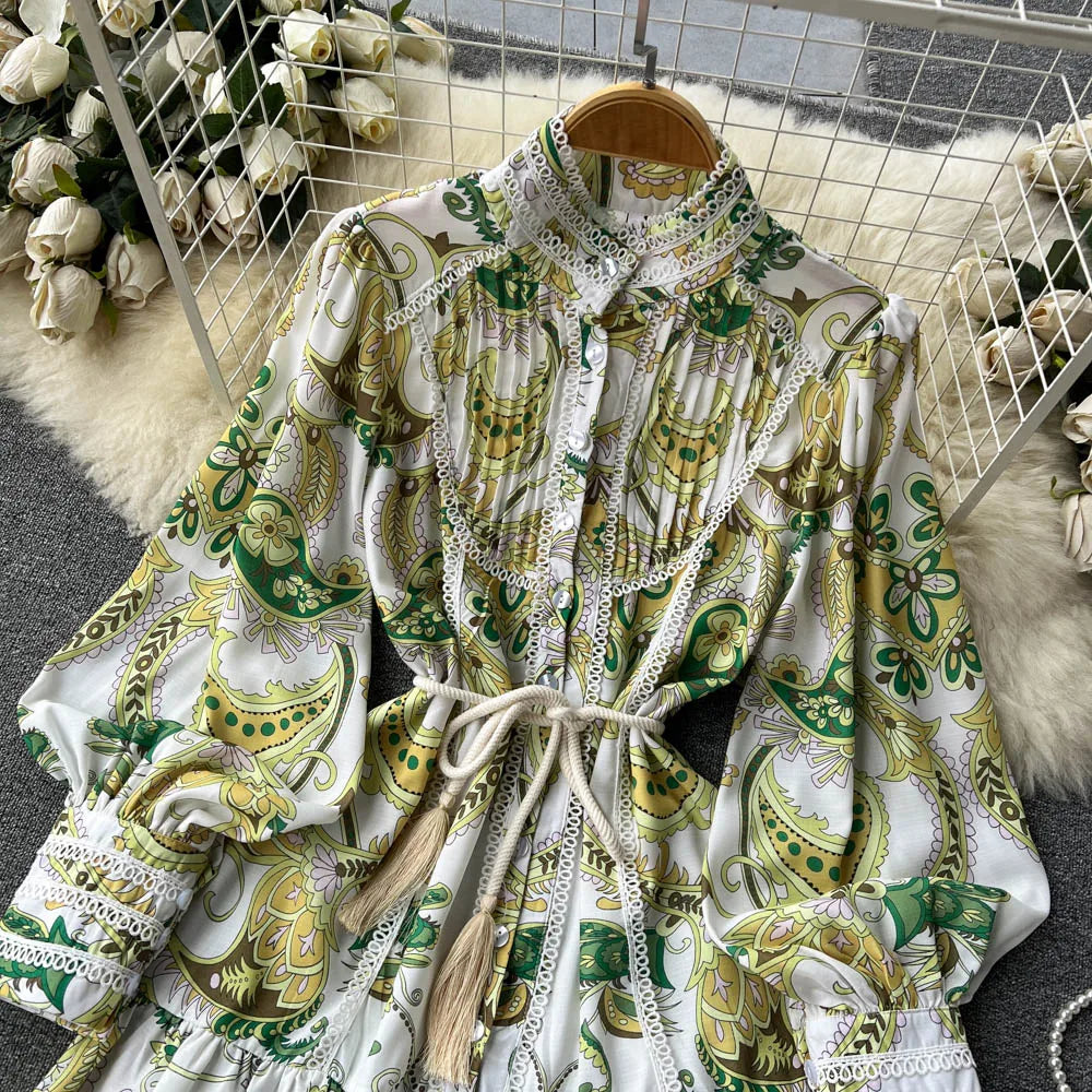 New In Dresses Lace Trim Elegant Vintage Floral Print Dress Women Stand Collar Long Sleeve Buttoned Holiday Mini Dress With Belt