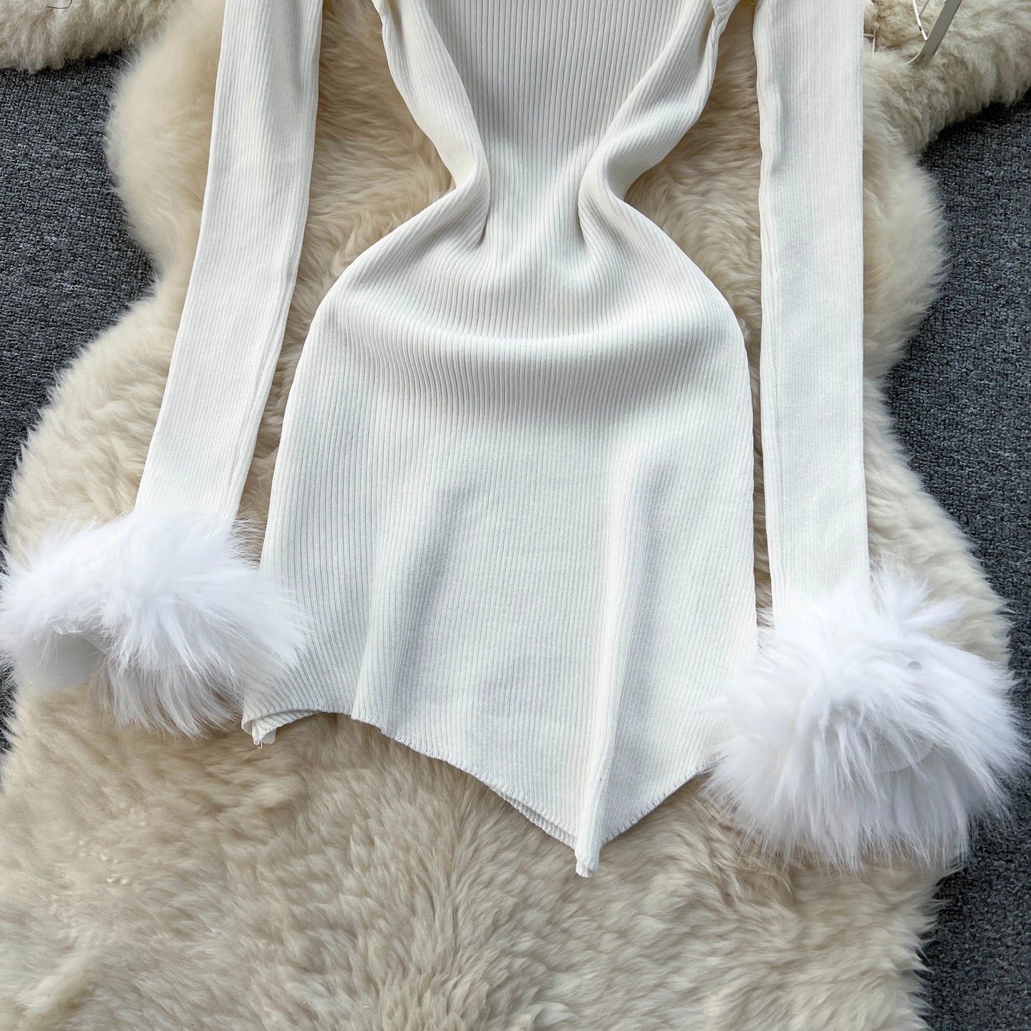 Chic Sexy Halter Bandage Irregular Bodycon Dress Fluffy Long Sleeve Knit Birthday Dress Autumn Winter Pencil Sweater Vestidos