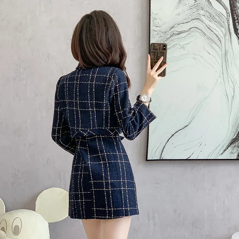 Women Checkered tweed Blazer 2-Piece Set Elegant Small Fragrance Wind Outfit Cropped Jacket+Mini Dresses Suit for Spring Autumn