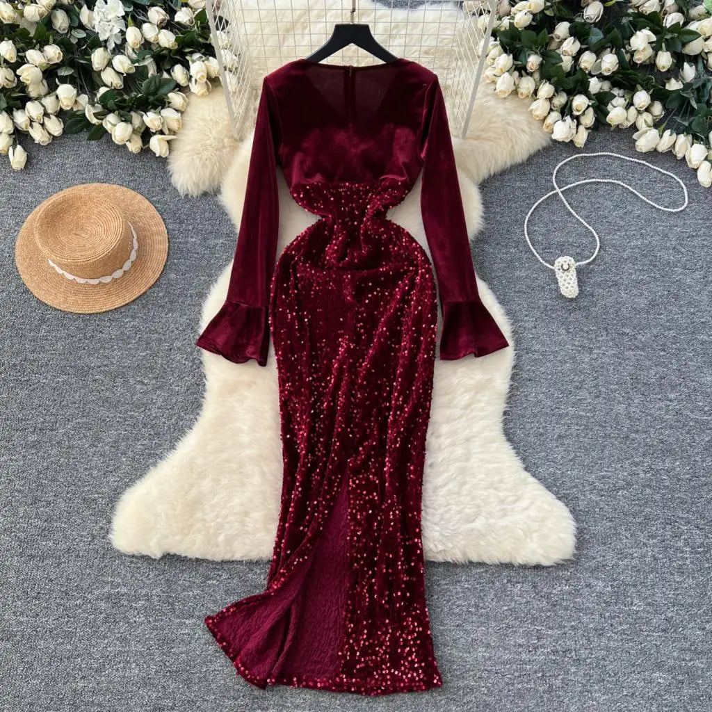 Women's Sexy Velvet Evening Gown Luxury Dresses V-Neck Flare Sleeve Split Long Dress Fashion Slim Robe Birthday Party Autumn New
