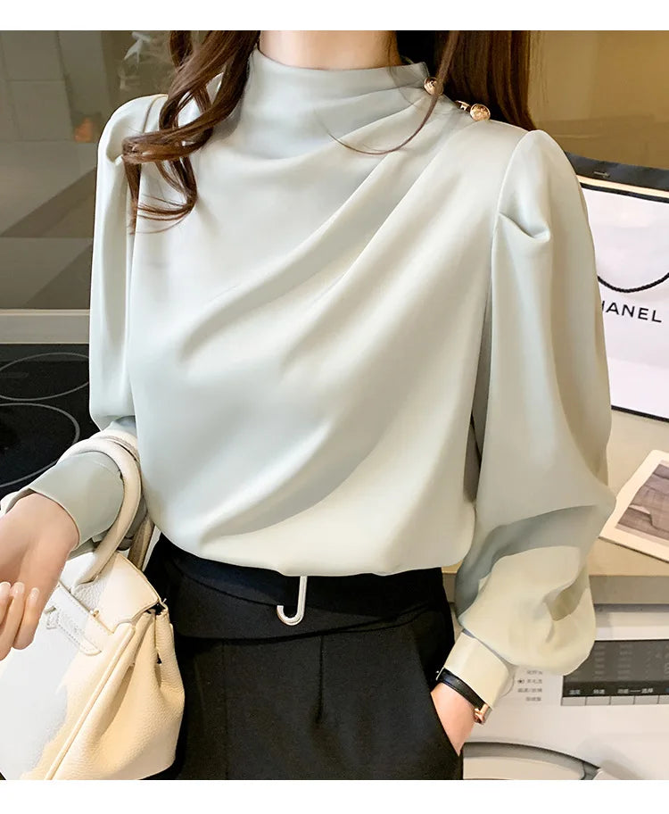 Autumn New Women's Style Stand up Collar Pleated Long Sleeve Top Fashion Lantern Sleeve Loose Elegant Solid Color Shirt Blouse