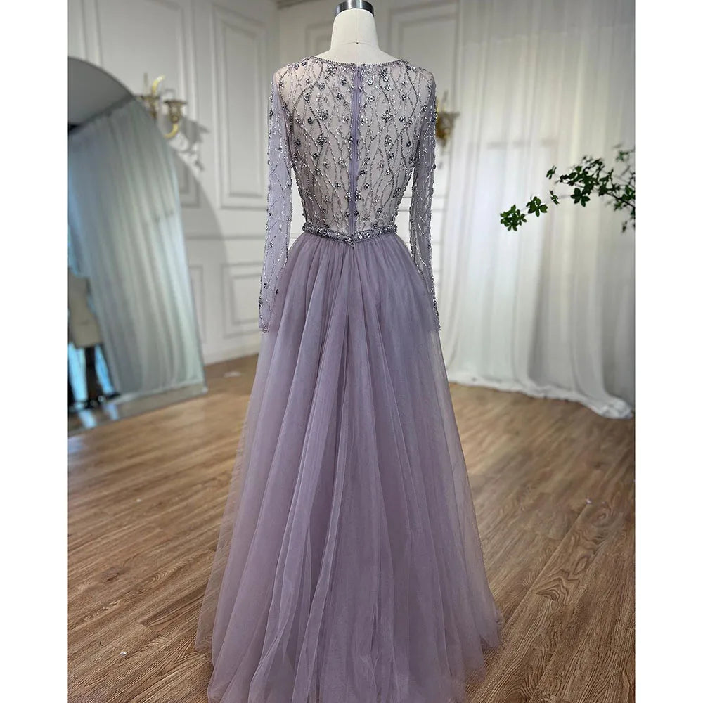Lilac Long Sleeves Luxury Evening Dresses 2024 Dubai Elegant Diamond Mermaid Beaded Formal Dress Serene Hill LA70341
