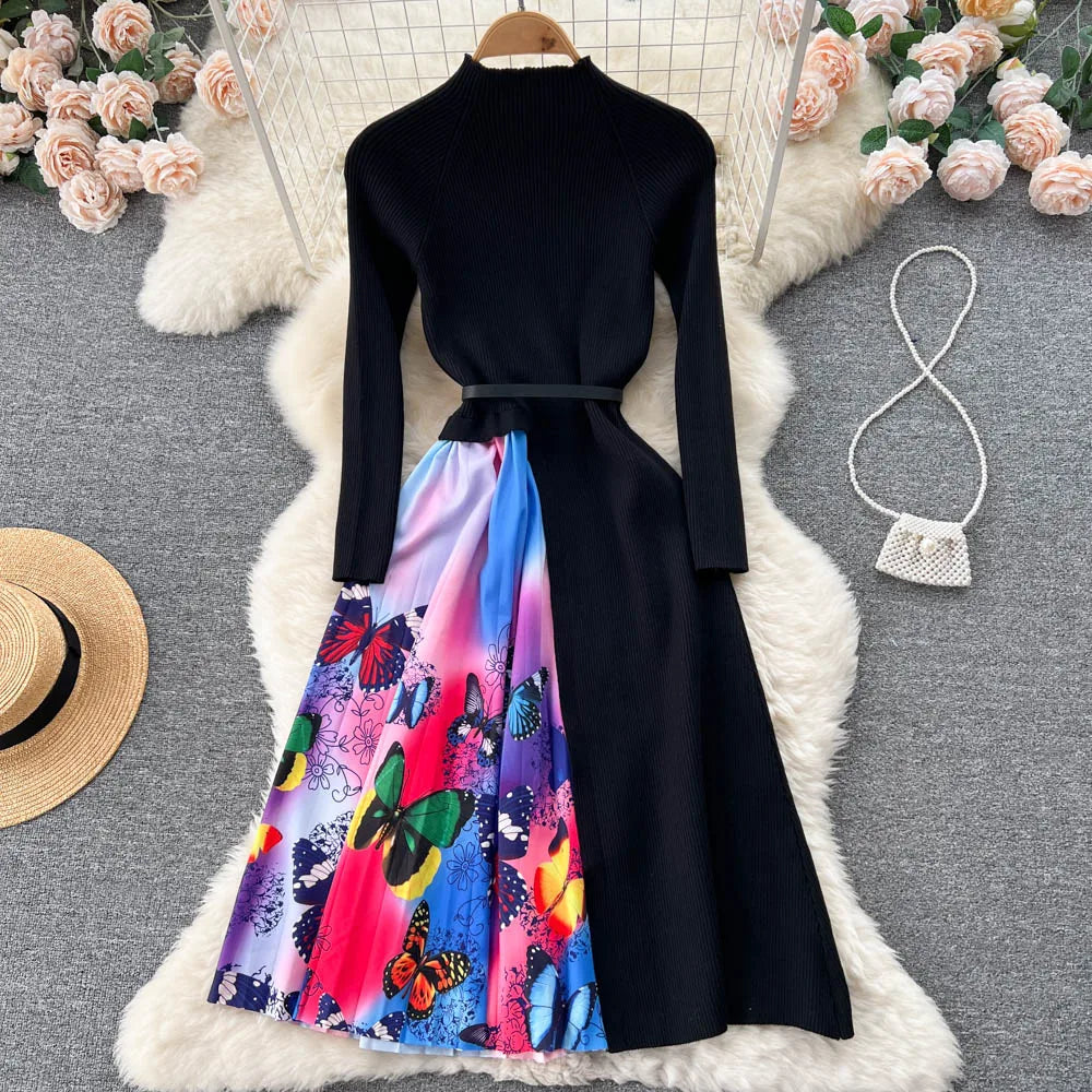 Elegant Chic Print Patchwork Knit Dress French Long Sleeve Party A-line Vestidos High Waist Basic Slim Women Autumn Winter Dress