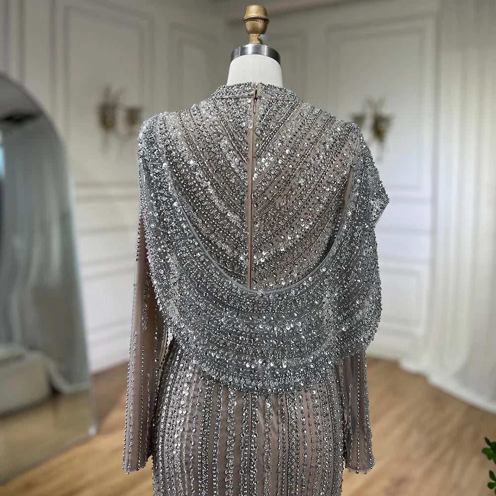 Serene Hill 2024 Muslim Silver Nude Beaded Sparkle Elegant Luxury Mermaid Evening Dresses Gowns for Women Party LA70752H