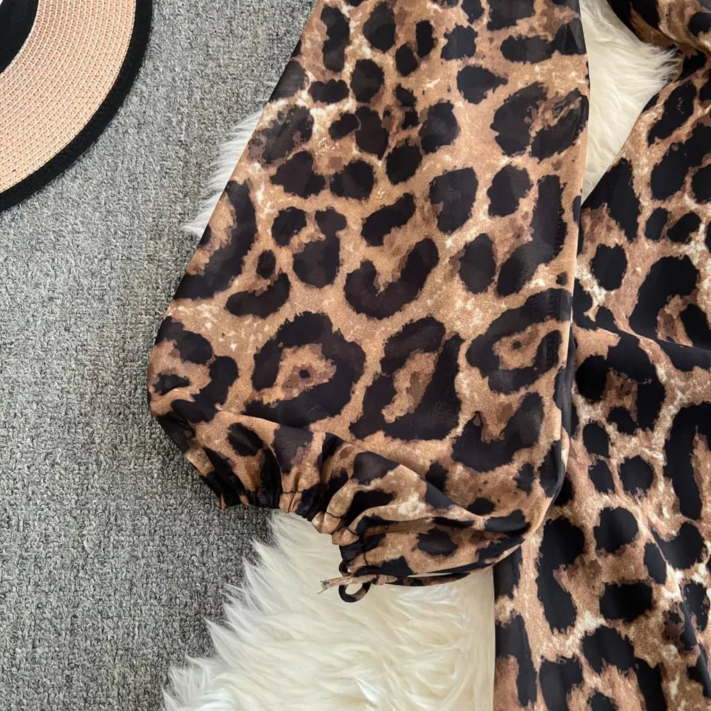 Autumn Elegant Women Leopard Print Long Sleeve Dress Casual Loose A-Line Slit Evening Dresses New Fashion Vintage Vestido Mujers