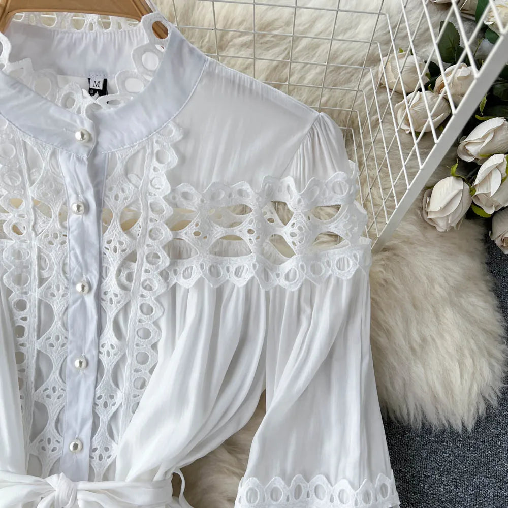 2023 Spring Summer Holiday Dress Women Stand Collar Long Sleeve Button Up Embroidery Trim Luxury Elegant Mini Dress With Belt