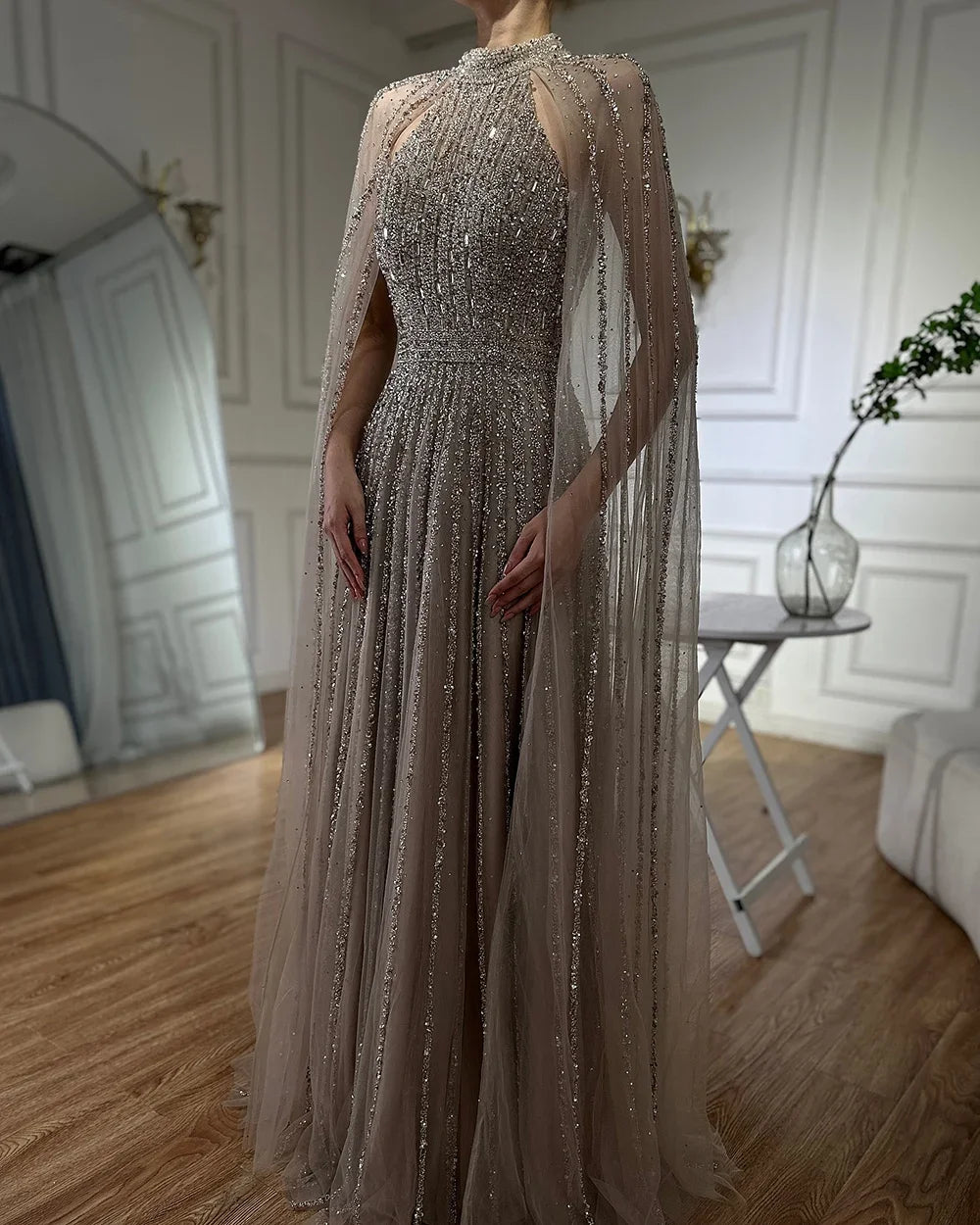 Serene Hill 2024 Arabic Caramel A Line Cape Sleeve Beaded Luxury Saudi Evening Dresses Gowns For Formal Occasion LA72306B