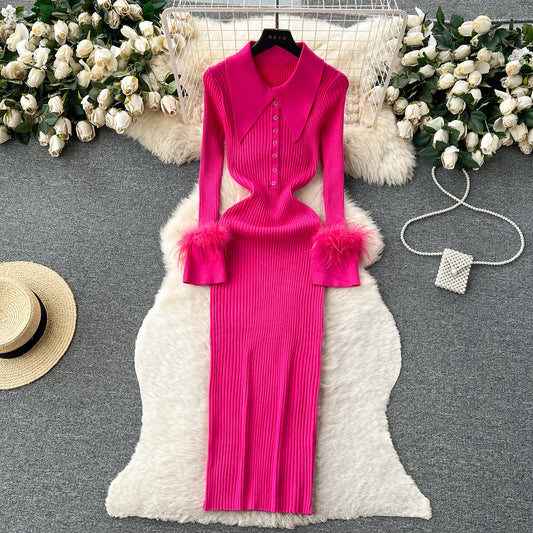 Elegant Turn-down Collar Feather Long Sleeve Knit Bodycon Pencil Dress Slim Fashion Sweater Vestido Sexy Women Winter Clothing