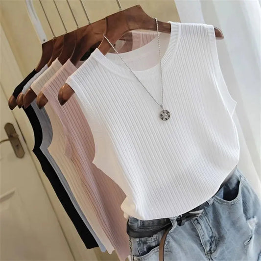 2024 Summer New Fashion Knitted Vests O-neck Sleeveless Casual Thin Tops Sleeveless Blouse Women Shirt