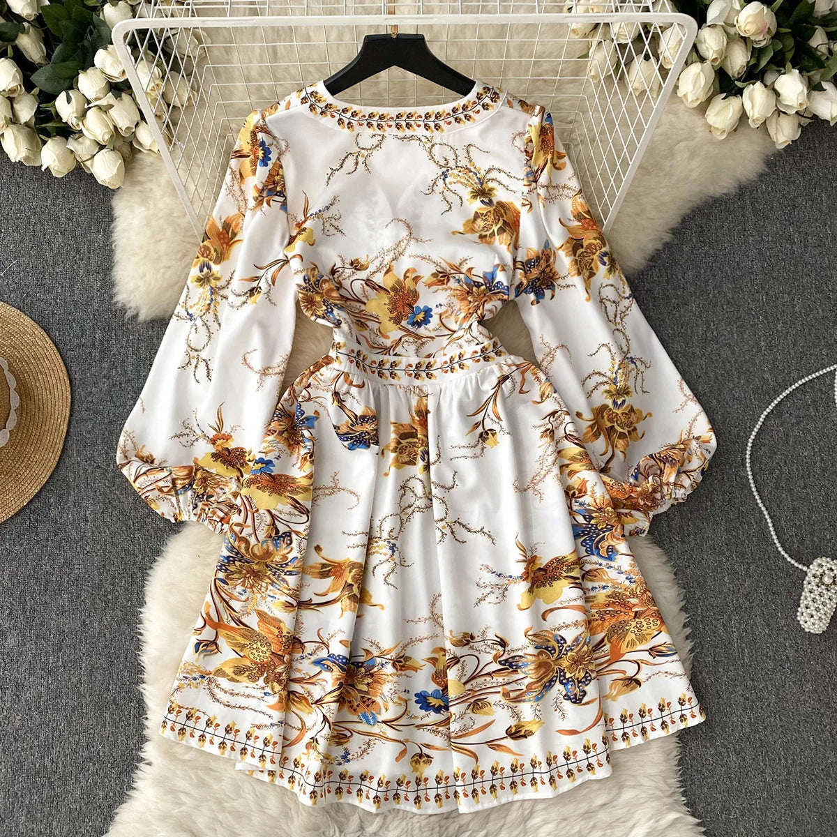 New In Dresses 2023 Fashion Women Clothing Party Elegant Vintage Print Dress Front Button Up V Neck Long Puff Sleeve Mini Dress