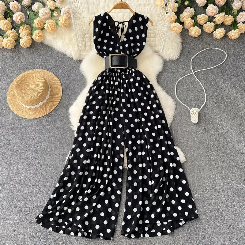 Women Chiffon Striped Jumpsuits Summer Sexy V-neck Sleeveless Elegant Wide-leg Long Pants Playsuits Ladies Dot Romper Overall